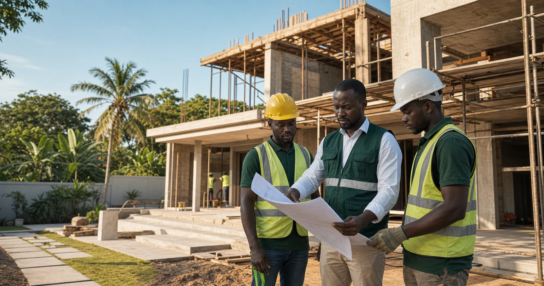 Godsfield construction team reviewing plans at a modern building site