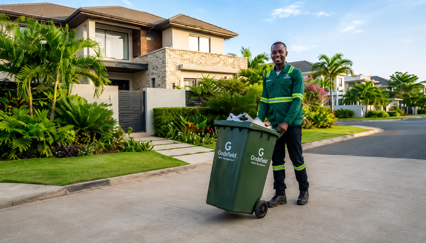 Godsfield waste team delivering a green bin to a home